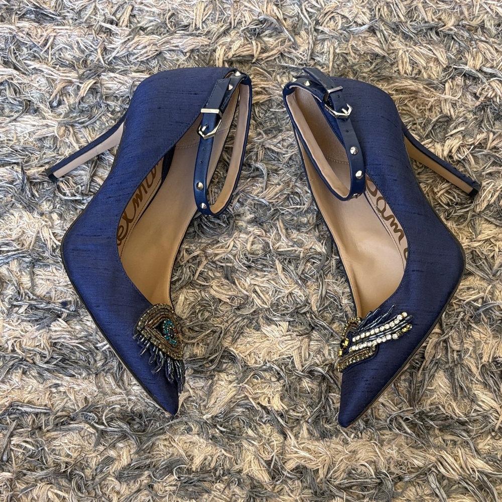 Sam Edelman Navy Beaded Pointed Toe Ankle Strap Heels Size 6 Limited Edition - Picture 15 of 16
